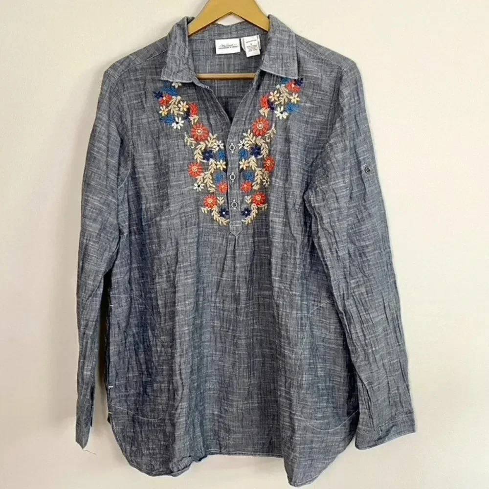 Vermont Country Store Chambray Embroidered Tunic Top